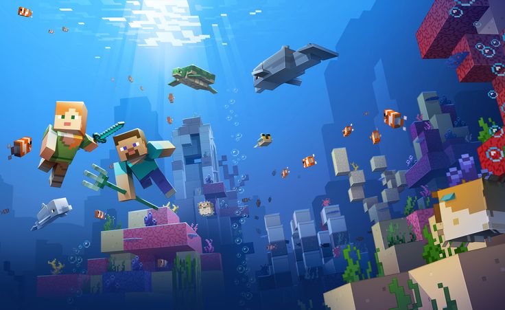 Cena underwater de Minecraft com Steve e Alex a explorar corais