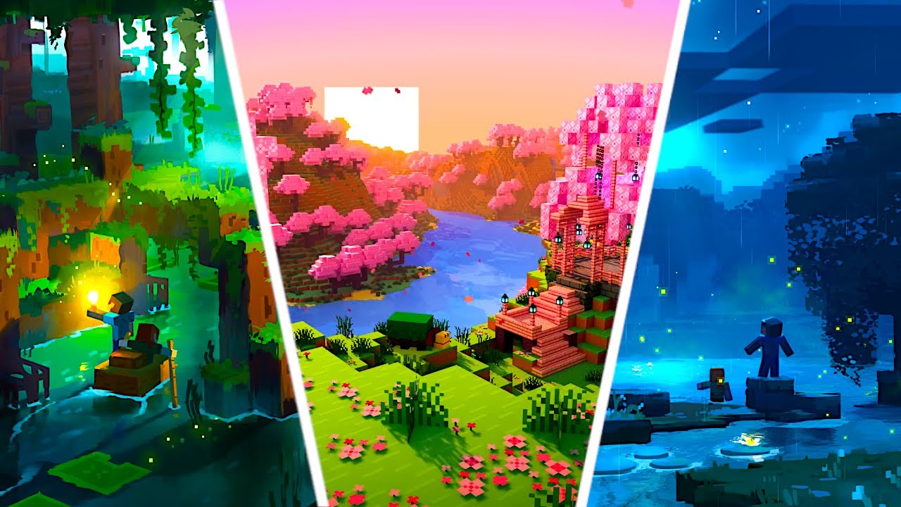 Triplo de ambientes Minecraft: floresta esmeralda, vale de cerejeiras e deep dark